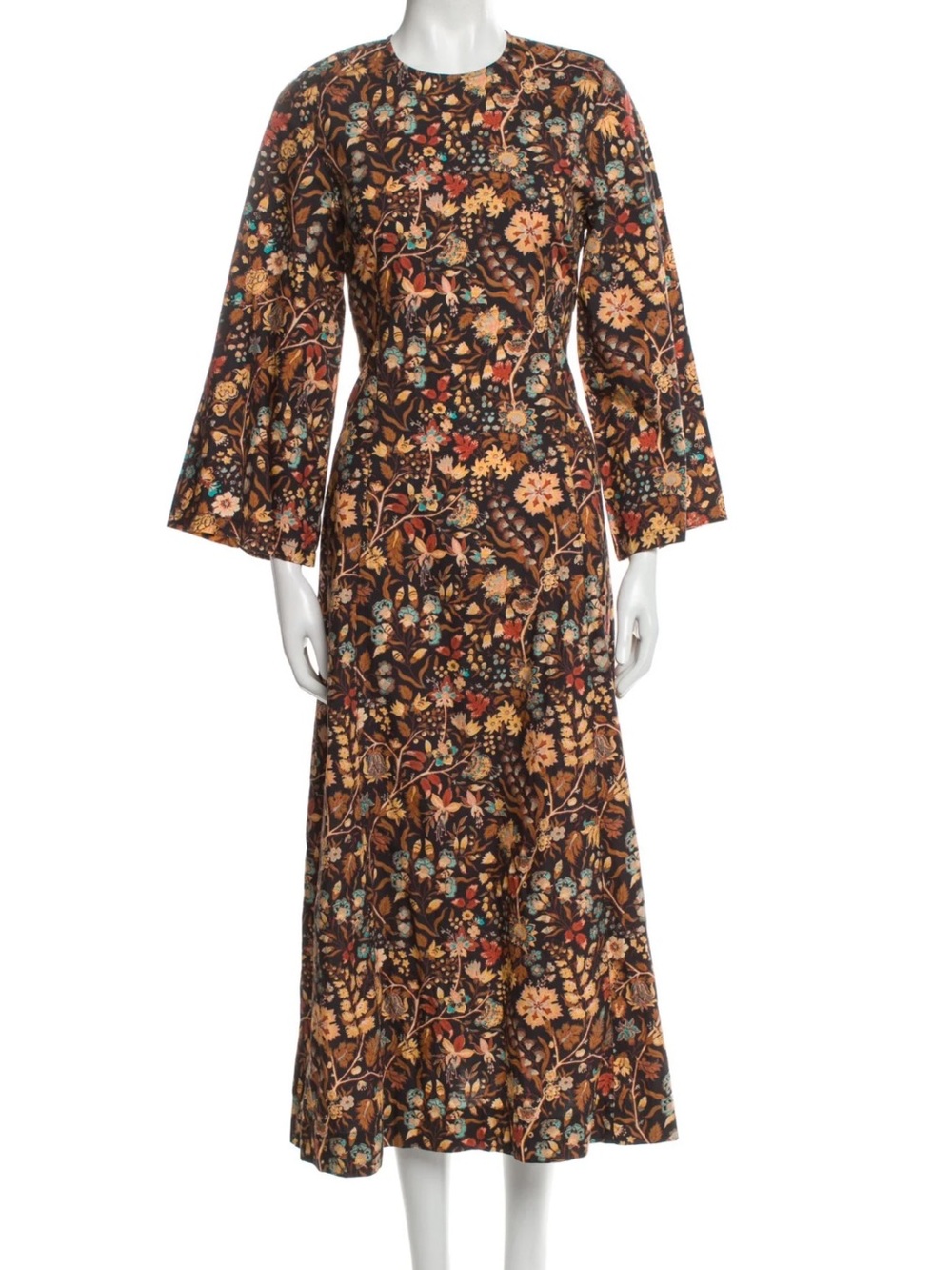 Dôen Floral Brown Orange Midi Dress with Earthy Botanical Print